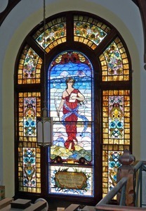 Clapp Memorial Library: interior view of stained glass window