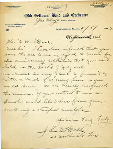 Letter from Odd Fellows' Band and Orchestra to Donald W. Howe