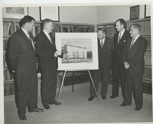 Norman Salatini, Willis C. Gorthy, Sidney Heyman, officer William Morianty and an unidentified man observing prospective building plans