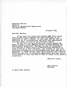 Letter from Congress of Racial Equality (CORE) Chairman Alan Gartner to the Office of Neighborhood Improvement Director Salvatore Messina concerning code violations