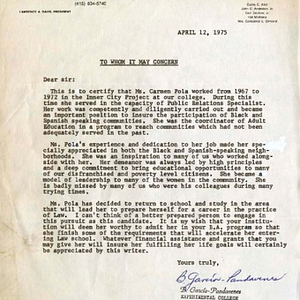 Letter of reference from Bernardo García-Pandavenes, a professor at Laney College, supporting Carmen Pola's graduate school application