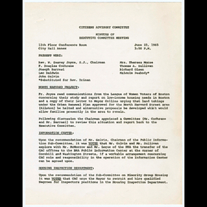 Minutes for Citizens Advisory Committee (CAC) Executive Committee meeting on June 23, 1965 and schedule of public hearings on H. 4040, the legislative proposals of the Massachusetts Special Committee on Low-Income Housing