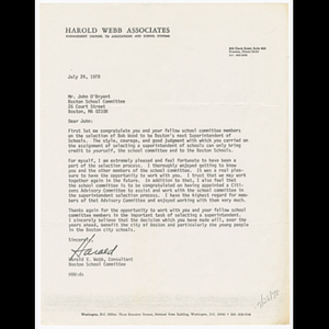 Letter from Harold V. Webb to John O'Bryant about the selection process of the superintendent