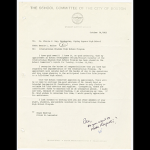 Memorandum from Bennie L. Walker to Gloria J. Ray about International Studies High School Program