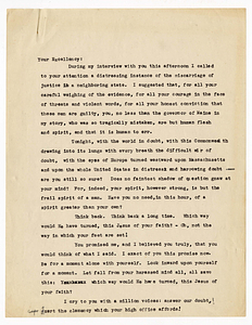 Statement of appeal from Edna St. Vincent Millay to Governor Alvan T. Fuller, circa August 1927