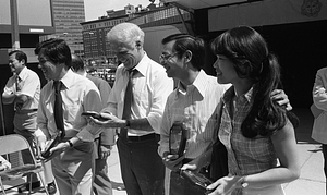 Mayor Kevin White and others holding plaques at the 1979 August Moon Festival