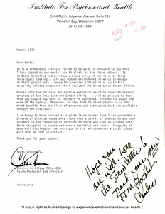 Correspondence from Charles Kiley to Lou Sullivan (March 1990)