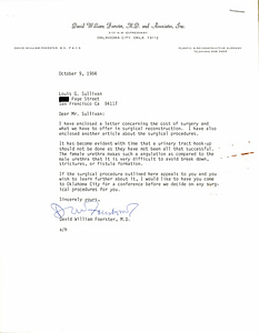 Correspondence from David Foerster to Lou Sullivan (October 9, 1984)