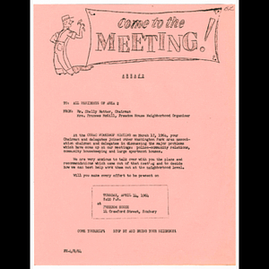 Memorandum from Shelly Netter and Francis McGill to residents of Area 2 concerning meeting held April 14, 1964