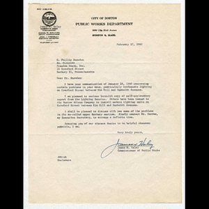 Letter from Hames W. Haley, Commissioner of Public Works, to O. Phillip Snowden concerning enclosed Lighting Service report for lighting on Crawford Street