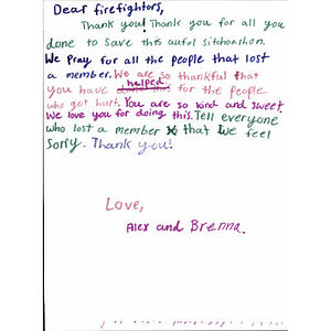 Letter of thanks sent to the firefighters of Boston by California Children