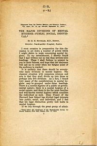 The major divisions of mental hygiene: public, social, individual