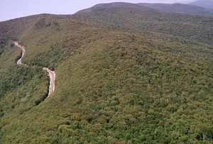 Aerial oblique view Taconic Trail (MA Route 2) toward MA-NY State Line on 28 May 1972 in the Hopkins Forest.