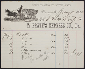 Billhead for Pratt's Express Co., Dr., Campello, Mass., dated January 31, 1885