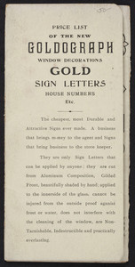 Price list of the new Goldograph window decorations, gold sign letters, house numbers, The Goldograph Co., 58 Ann Street, New York, New York, undated