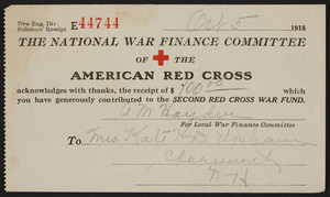 Receipt for the Second Red Cross War Fund, The National War Finance Committee of The American Red Cross contribution card, location unknown, dated October 5, 1918