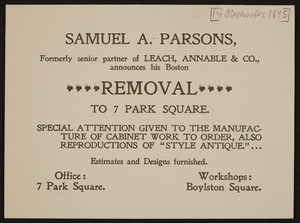 Trade card for Samuel A. Parsons, cabinet work, 7 Park Square and Boylston Square, Boston, Mass., dated November 14, 1895