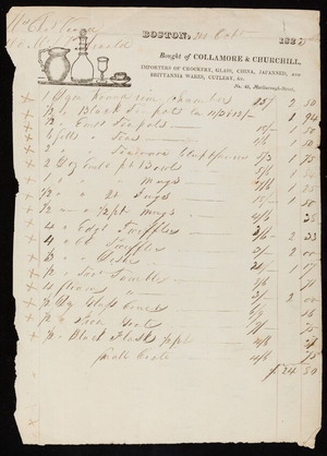 Billhead for Collamore & Churchill, importers of crockery, glass, china, Japnned and Brittannia wares, cutlery, No. 48 Marlborough Street, Boston, Mass., dated 24 October 1825