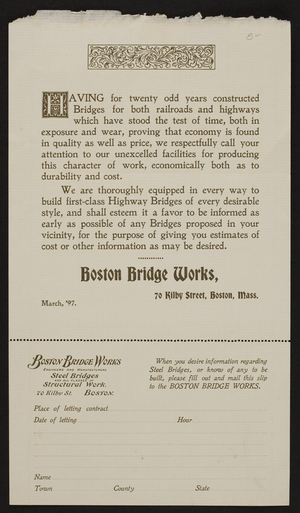Advertisement for the Boston Bridge Works, steel bridges, structural work, 70 Kilby Street, Boston, Mass., March, 1897