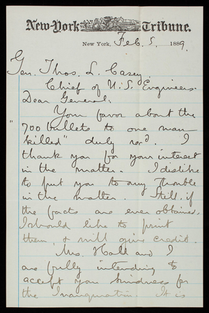 Henry Hall to Thomas Lincoln Casey, February 5, 1889