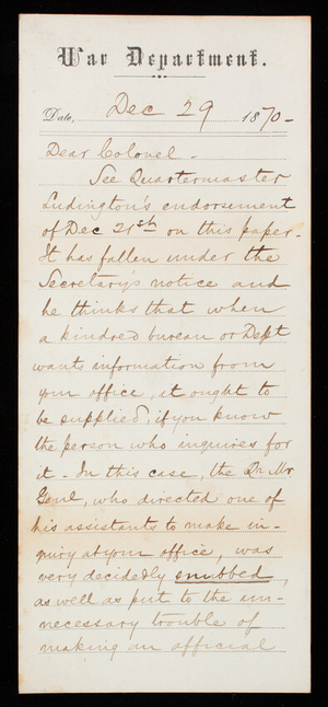 Charles Benjamin to Thomas Lincoln Casey, December 29, 1870