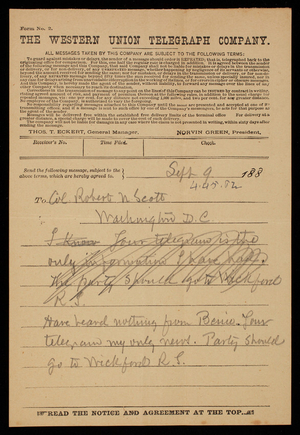 Thomas Lincoln Casey to Robert N, Scott, September 9, 1886, telegram