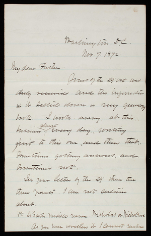 Thomas Lincoln Casey to General Silas Casey, November 7, 1872