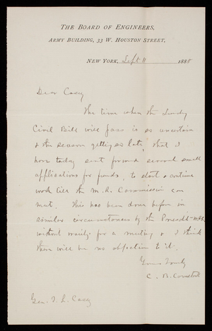 [Cyrus] B. Comstock to Thomas Lincoln Casey, September 11, 1888