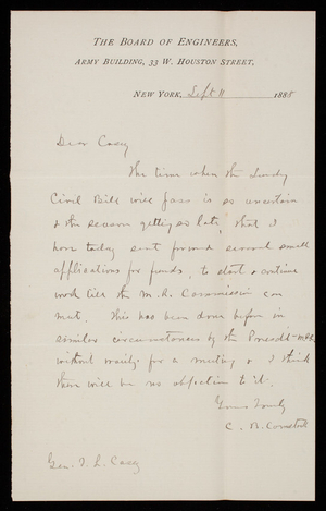 [Cyrus] B. Comstock To Thomas Lincoln Casey, September 11, 1888 ...