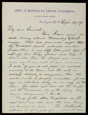 [Bernard] R. Green to Thomas Lincoln Casey, September 12, 1889