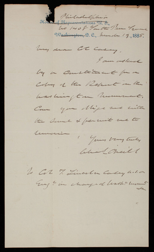 Charles O'Neill to Thomas Lincoln Casey, March 19, 1885