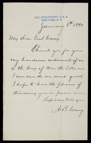 A. B. Carey to Thomas Lincoln Casey, January 8, 1890