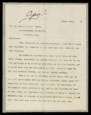 Bernard R. Green to J. G. Batterson, August 6, 1890, copy