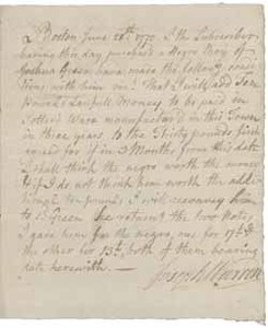 Agreement of Joseph Warren with Joshua Green regarding payment for a slave, 28 June 1770