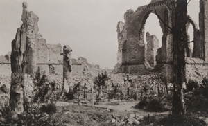 Ground-level view of a destroyed town, remnants of gothic arches, Nieuport [Nieuwpoort]
