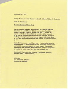 Memorandum from Mark H. McCormack to Marlyn Warner Ornstein, H. Kent Stanner, Arthur J. Lafave and William H. Carpenter