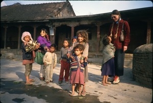 Sandi Sommer with local children near Bishnumati River, Kathmandu