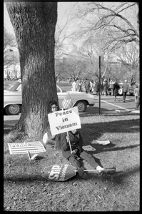 Young African American antiwar protester holding a sign reading 'Peace in Vietnam': Washington Vietnam March for Peace