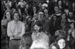 Wedding of Jim and Anne Baker: Bruce Geisler (with mustache) with video camera standing among wedding guests