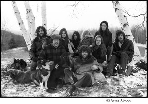 Group portrait: (l.-r.) Elliot Blinder, Harry Saxman, Catherine Blinder, Bonnie Fisher, Peter Simon, Lacey Mason, Jenny Rose, and Tim Rossner with dogs