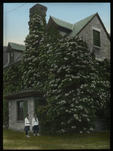 Girls in front of stone house covered in a large climbing vine - climbing hydrangea?)