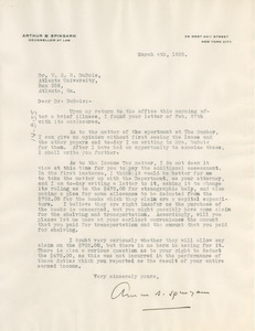 Letter from Arthur Spingarn to W. E. B. Du Bois