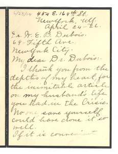 Letter from Agnes Work to W. E. B. Du Bois