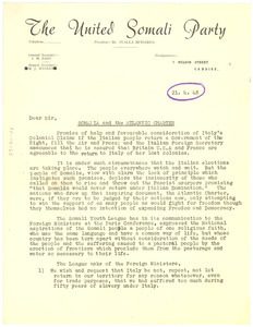 Circular letter from United Somali Party to W. E. B. Du Bois