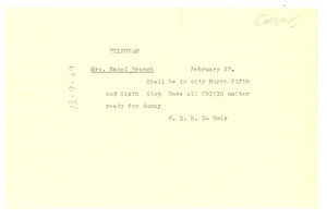 Telegram from W. E. B. Du Bois to Hazel Branch