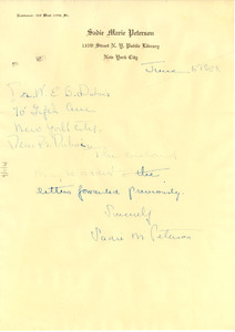 Letter from Sadie Marie Peterson to W. E. B. Du Bois