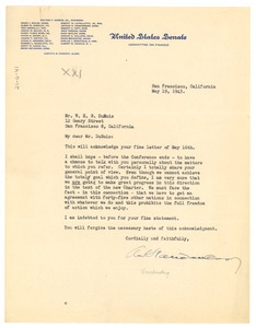 Letter from United States Senate Committee on Finance to W. E. B. Du Bois