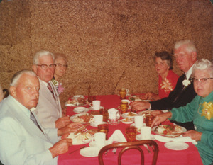 William Amstein, Ralph Haskins and Mary Ingraham with their spouses at reunion dinner