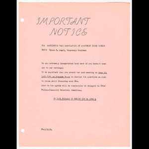 Memorandum from Byron F. Angel, Temporary Chairmen to Washington Park Association of Apartment House Owners about the importance of attending meeting on June 2, 1964