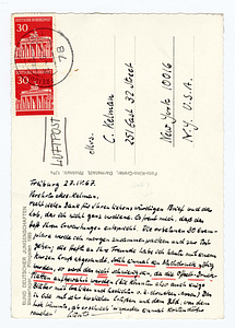 Postcard from Günter Behnrmann to Catherine Hirsch, April 27, 1967